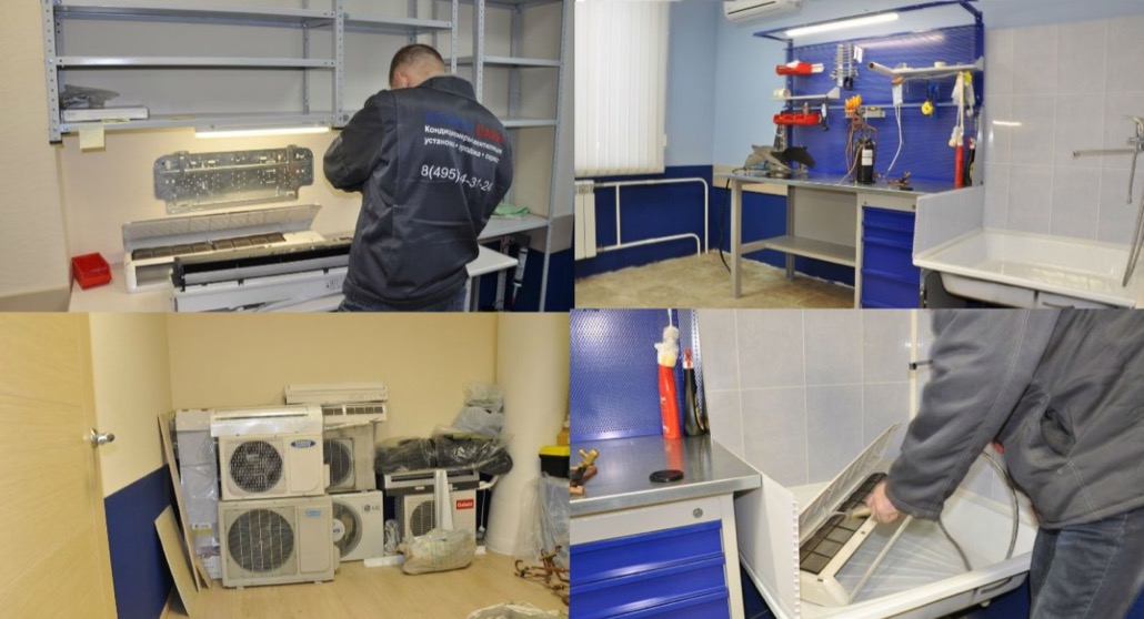 Τεχνικός επισκευάζει εσωτερική μονάδα κλιματιστικού σε εργαστήριο